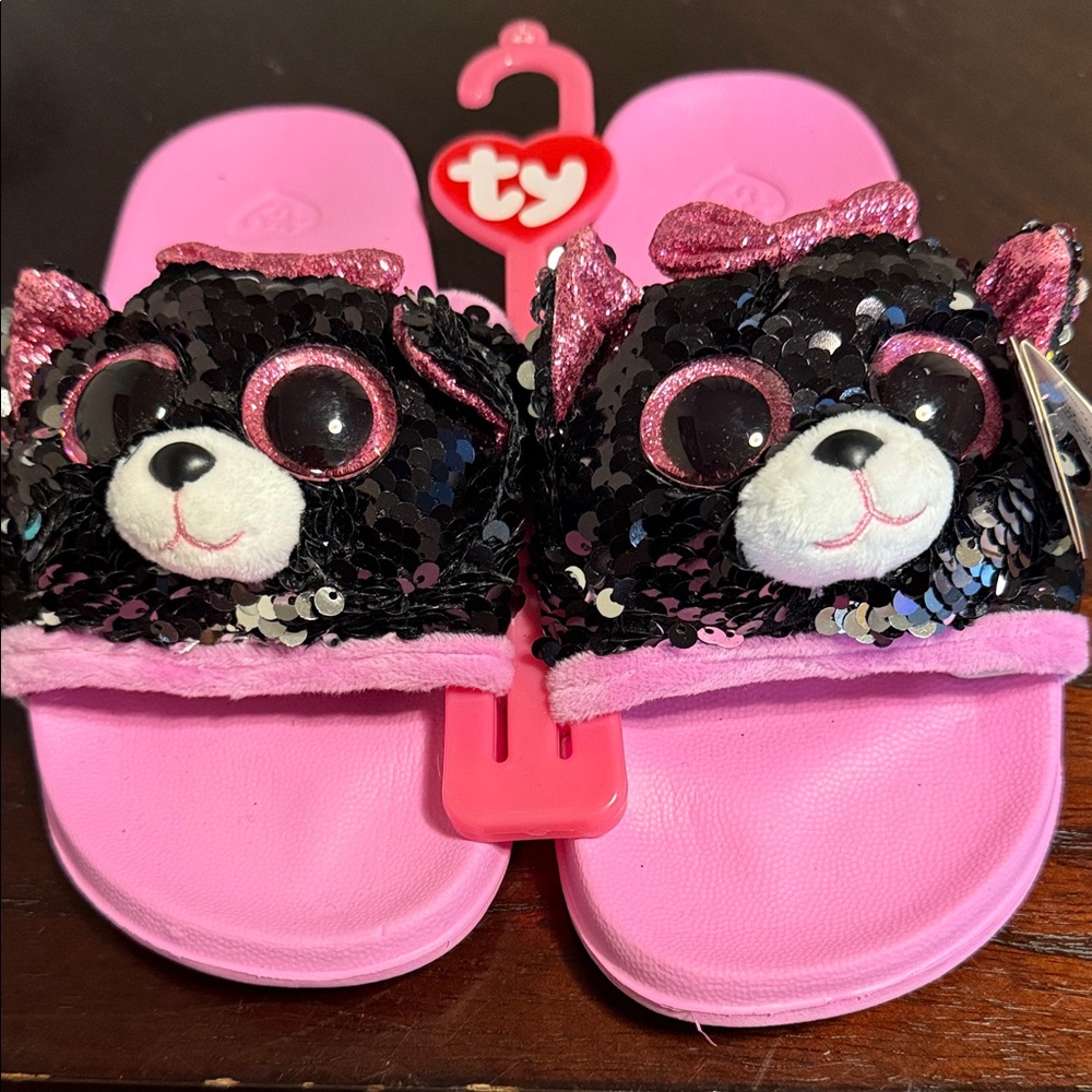 Ty Kids Pink and Black Sequin Cat Slippers